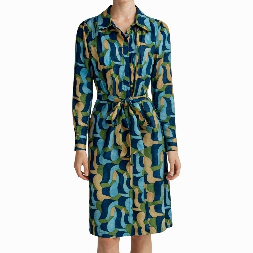 J McLaughlin Popover Dress XS Blue Green Geometric Belted Knee Length Preppy